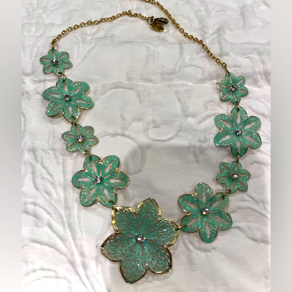Teal and gold floral necklace.